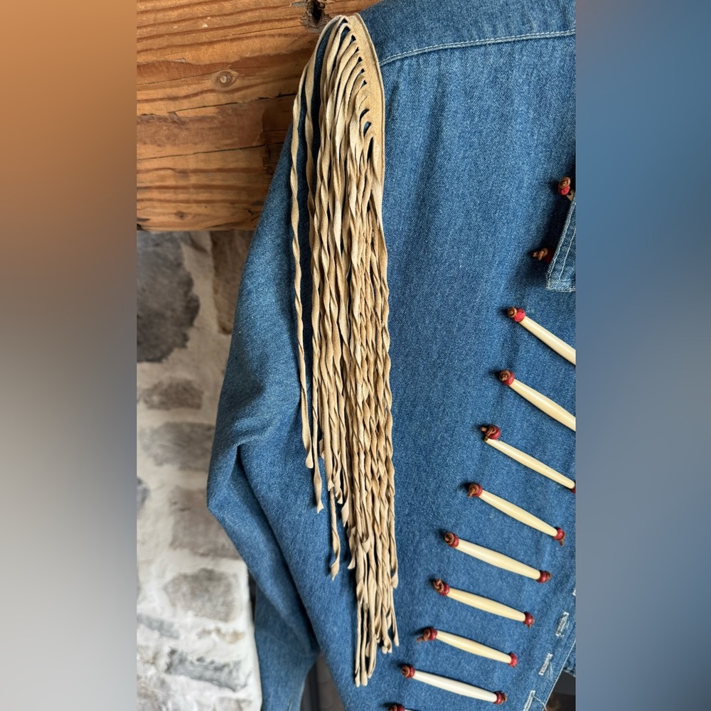 Double D Ranch Blue Denim Fringe Jean Jacket with Bone Accents - Picture 6 of 6
